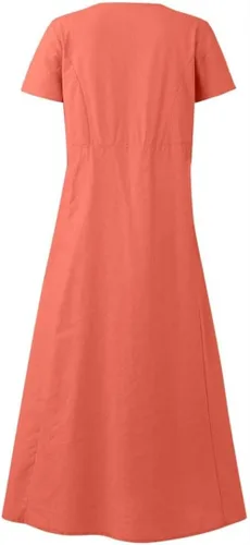 Vista 7 de Ceboyel Vestido largo de lino y algodón para mujer, de manga corta, con botones, holgado, ajustado, con vuelo, ropa de verano