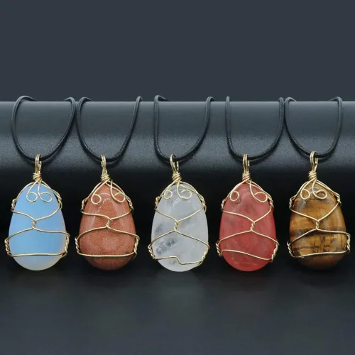 Vista 5 de LHJ Collar de piedra natural 4 piezas con forma de gota de agua mezcla de energía alambre de cristal dijes para mujer regalo de joyería no conocido