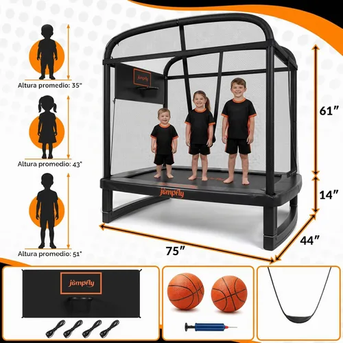 Vista 8 de jumpfly Trampolín rectangular de 6 pies para niños, trampolín para niños pequeños con columpio y aro de baloncesto, mini para interiores