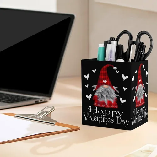 Vista 5 de Happy Valentines Day Gnome Plaid Hat Heart Pencil Holder, Leather Makeup Brush Holders Storage Desktop Organizer Desk Decor for Office School