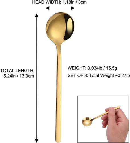 Vista 2 de Juego de 8 cucharas de café doradas de 5.24 pulgadas, cucharas de postre pequeñas de acero inoxidable de 5.24 pulgadas, cucharas de té SUS 304