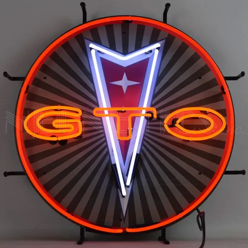 Vista 2 de GTO Pontiac - Letrero de neón con respaldo, tubos de vidrio real soplados a mano, rojo, blanco y naranja, mide 24 pulgadas de ancho por 24 pulgadas