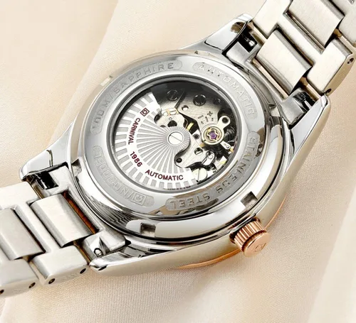 Vista 15 de Carnival Reloj de mujer con esqueleto mecánico automático, cristal de zafiro sintético, oro rosa, acero inoxidable, impermeable, color blanco