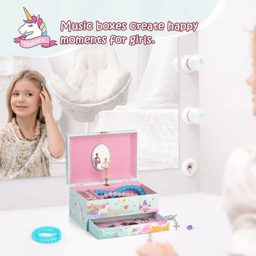 Vista 5 de Joyero para niñas, caja musical para niñas, organizador de joyas de bailarina para niña pequeña con collar de unicornio y pulsera, regalos
