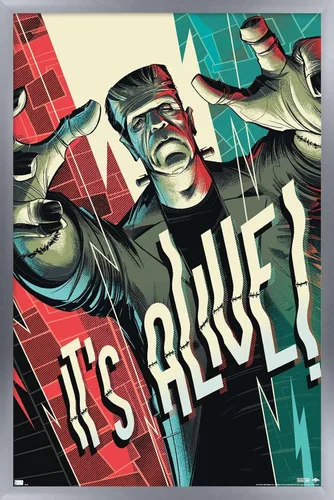 Vista 10 de Frankenstein - Póster de pared It's Alive by César Moreno, 22.4 pulgadas de largo x 14.7 pulgadas de ancho, versión enmarcada en madera de granero