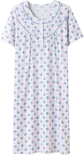 Vista 21 de Keyocean - Camisones para mujer, 100% algodón, suave, cómodo, ligero, manga corta, vestido de noche para damas Azul Floral en Crema