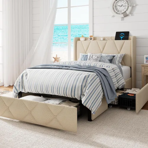 Vista 11 de GalnFu Base de cama de tamaño matrimonial con 4 cajones de almacenamiento, plataforma tapizada con estación de carga, moderna cabecera de Beige
