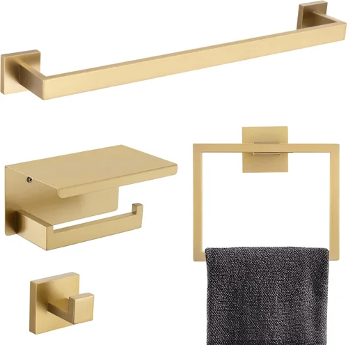 Vista 11 de Juego de 4 soportes para toallas de baño, juego de accesorios de baño de acero inoxidable negro y dorado, montaje en pared, 23.6 pulgadas