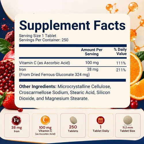 Vista 2 de Vitamatic Gluconato ferroso 324 mg + vitamina C 100 mg – Sin aditivos de color artificial – Suave para el estómago – 250 tabletas – Fabricado