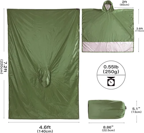Vista 5 de QIANQUHUI Poncho de lluvia impermeable, ligero, reutilizable, con capucha, chaqueta unisex para senderismo, camping, emergencia