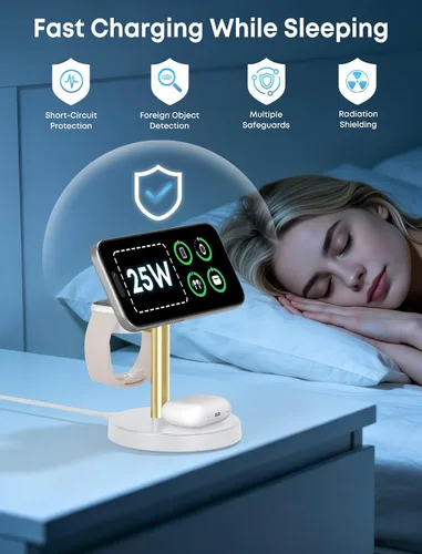 Vista 7 de Aeinidi Estación de carga rápida inalámbrica 3 en 1 de 25 W para cargador MagSafe de Apple BlancoDorado