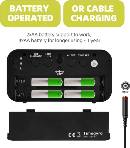 Vista 4 de Reloj digital con pilas, reloj despertador con pantalla LED para dormitorio, incluye cable de CC, brillo ajustable, repetición, 12/24 horas