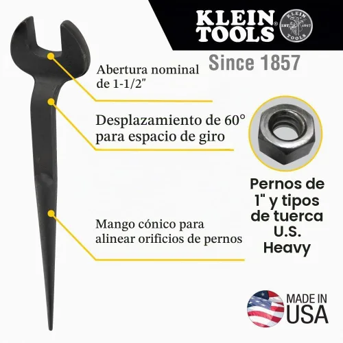 Vista 2 de Klein Tools 3224 - Llave de construcción con apertura nominal de 1-1/2 pulgadas, perno de 1 pulgada para tuerca regular de EE. UU