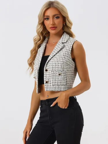 Vista 2 de Allegra K Chaleco a cuadros con solapa con muescas vintage sin mangas Tweed Crop Jacket