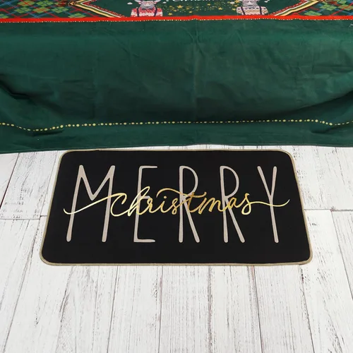 Vista 2 de ONWAY Felpudo Feliz Navidad, Felpudo de Puerta Estacional de Invierno Negro Dorado para Navidad y Fiestas, Alfombra de Piso de Bajo Perfil, Tapete