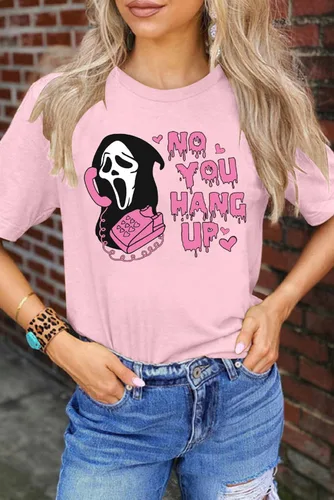 Vista 2 de Camiseta de Halloween para mujer, con texto en inglés "No You Hang Up", divertida camiseta gráfica de cara de fantasma, camisetas de manga corta
