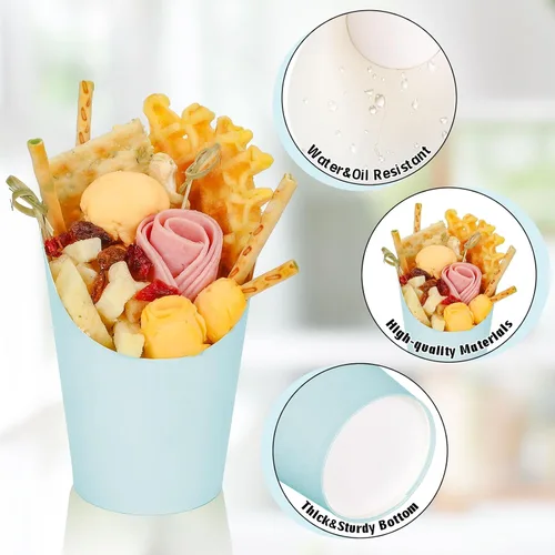 Vista 3 de Whaline 50 tazas de charcutería azules con bolsas de palitos, lazos giratorios, 14 onzas, desechables, para aperitivos, papas fritas para el hogar