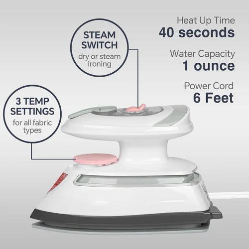 Vista 2 de BEAUTURAL Mini plancha de vapor de viaje para ropa con doble voltaje, control de temperatura, suela antiadherente y almacenamiento de cables, ideal