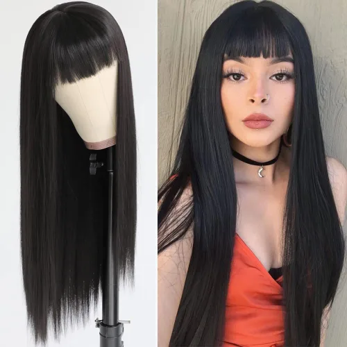 Vista 19 de QD-Tizer Pelucas sintéticas de color rubio ceniza con flequillo, pelucas de cabello largo y lacio, sin pegamento, pelucas sintéticas sin encaje