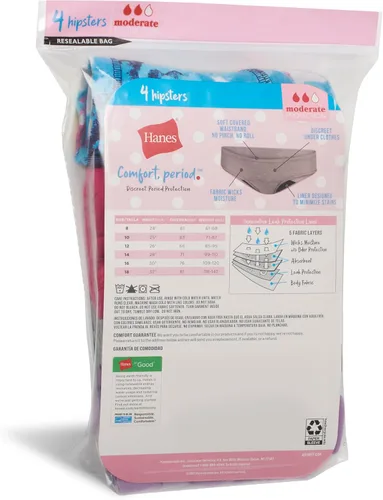 Vista 6 de Hanes Comfort, Period. - Ropa interior para el período, estilo bóxer y estilo hípster para niñas, protección moderada, paquete múltiple