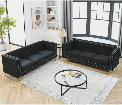 Vista 9 de mikibama Sofá de 3 plazas de terciopelo de 80.5 pulgadas para sala de estar, sofás de 3 asientos con botones copetudos con bordes de clavos, sofás