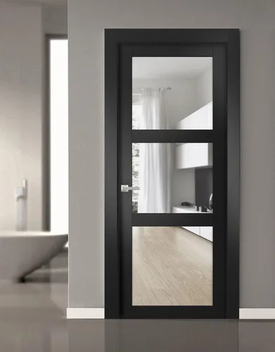 Vista 2 de Lucia 2555 negro mate con vidrio transparente y marco de panel regular, 18 x 80 pulgadas, color negro mate con marco de panel individual, puertas