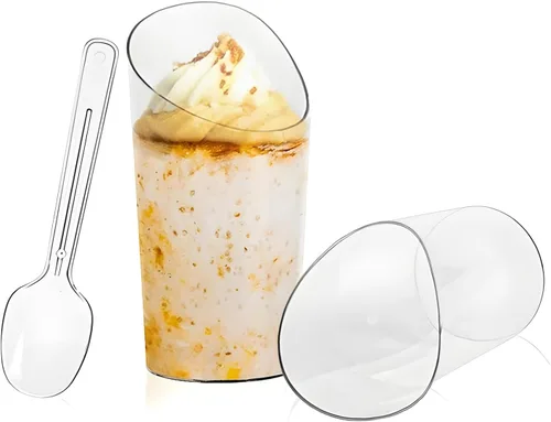 Vista 3 de Paquete de 100 mini tazas de postre de 2.7 onzas con cucharas, tazas pequeñas de plástico para postre de parfait transparente, tazas redondas