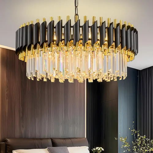 Vista 10 de Candelabro de cristal negro de 20 pulgadas, K9, luces colgantes redondas, ajustables, de 4 niveles, gran lámpara de cristal moderna, 6 luces