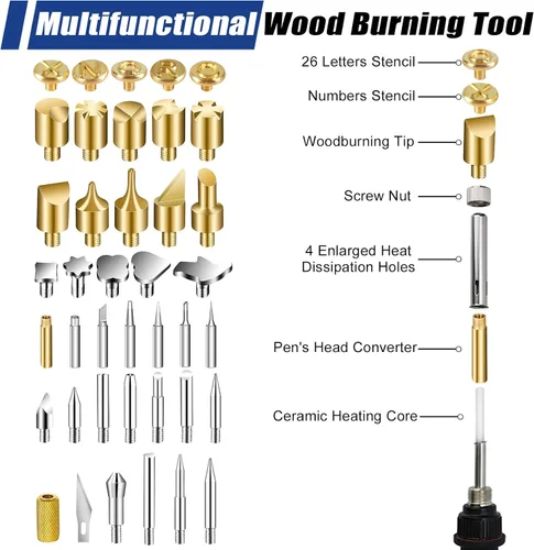 Vista 4 de Kit de Combustión de Madera, 163 Piezas de Herramienta de Quemador de Madera con Letras y Números, Pluma de Pirografía con Control de Temperatura