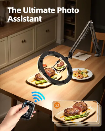 Vista 7 de Anillo de luz mejorado con soporte, soporte de teléfono superior para escritorio, luz selfie de 10 pulgadas con trípode de soporte para iPhone, luz