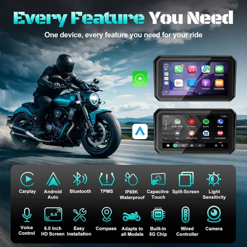 Vista 2 de LBW 2026 - GPS CarPlay para motocicleta de 6 pulgadas con Android Auto inalámbrico, doble cámara de tablero 2K, sistema de navegación, impermeable