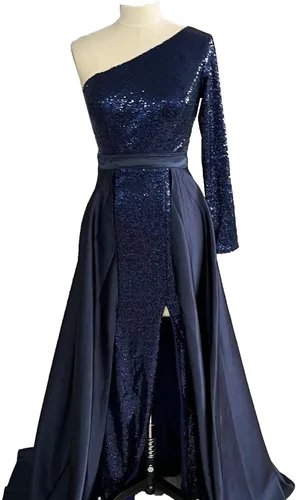 Vista 5 de TIRAS Vestidos de fiesta de un hombro para mujer 2023 con abertura en la manga y lentejuelas vestido formal de satén con cola desmontable CM153