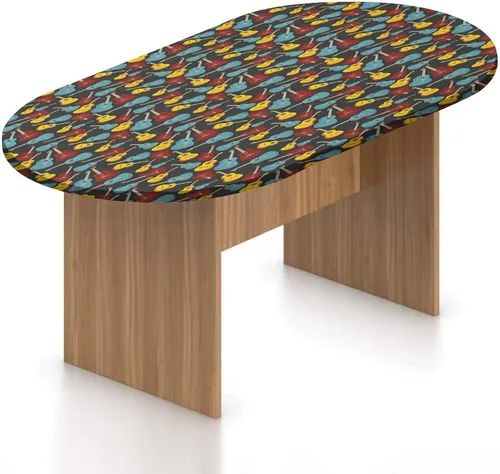 Vista 21 de Mantel ovalado ajustable de poliéster elástico para guitarra, instrumento dibujado a mano, tema de rock and roll, mantel ajustable con estampado