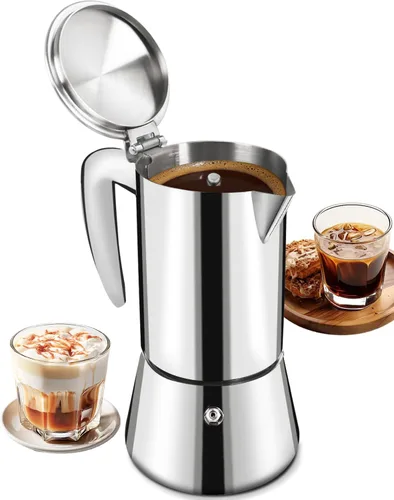 Vista 9 de Cafetera Express de acero inoxidable 304, 2 tazas de 3.3 oz/3.4 fl oz, cafetera italiana para el hogar, cocina y campamento, todas las estufas