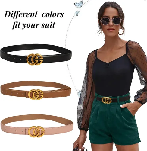 Vista 6 de Cinturón de cuero clásico con hebilla de metal para mujer con vestido de jeans