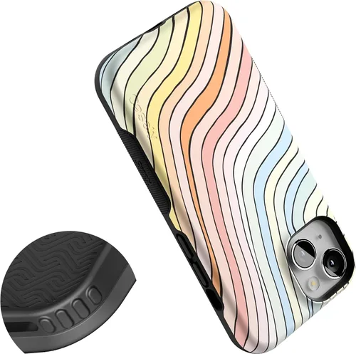 Vista 5 de Casely Funda para iPhone 14 Ride The Wave Líneas de arcoíris pastel Compatible con MagSafe Diseño protector audaz