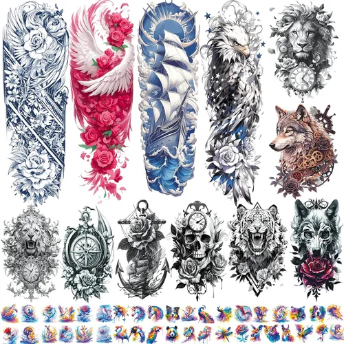 Vista 9 de Tatuaje temporal de brazo completo de Halloween para hombres y mujeres, 12 hojas de tatuajes temporales de manga de esqueleto de calavera, tatuajes