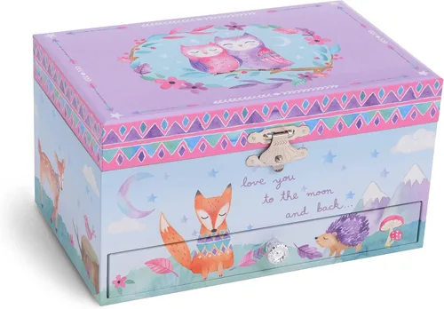 Vista 2 de Jewelkeeper Caja de almacenamiento de joyería musical para niña, cajón extraíble, diseño de búhos del bosque, Twinkle Twinkle Little Star Tune