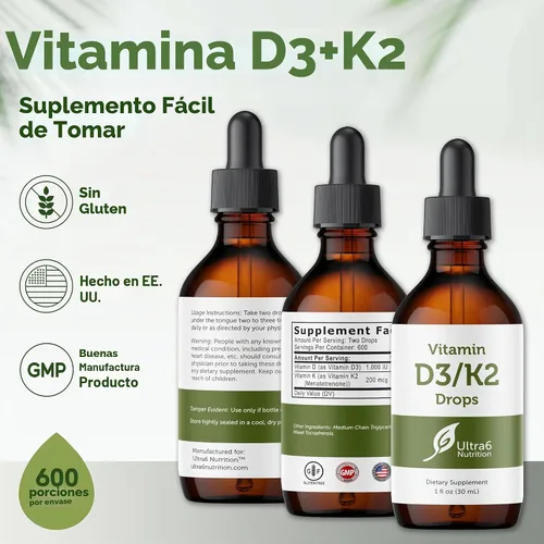 Vista 5 de Gotas de vitamina D3 con K2 para una mejor absorción, gotas de vitamina D para adultos y niños