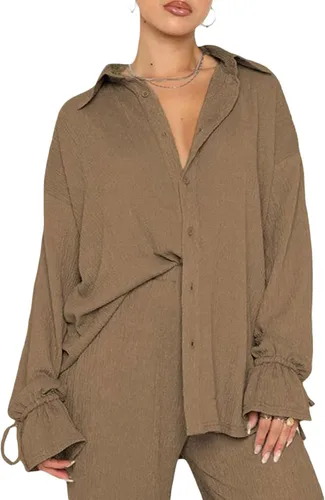 Vista 2 de Conjunto casual de 2 piezas para mujer, camisa con botones gráficos sólidos y pantalones palazzo de pierna ancha y cintura alta y pantalones cortos