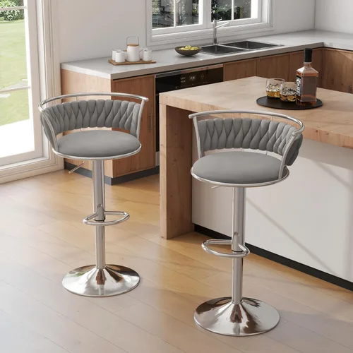 Vista 24 de Juego de 2 taburetes de bar giratorios de 360°, silla de bar de terciopelo ajustable a altura de mostrador moderna, taburete de metal plateado