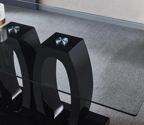 Vista 6 de Mesa de comedor rectangular moderna de vidrio, mesa de cocina de vidrio con parte superior de vidrio templado transparente y pedestal de base doble