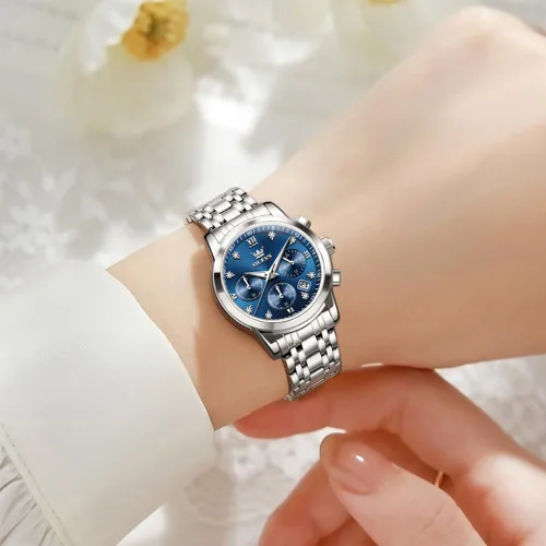 Vista 2 de OLEVS Reloj multifuncional de dos tonos para mujer, reloj analógico de cuarzo para mujer, de acero inoxidable, resistente al agua, con diamantes