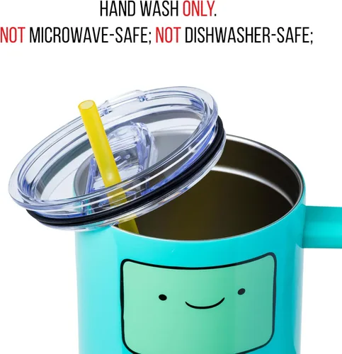 Vista 4 de Silver Buffalo Adventure Time With BMO - Vaso de acero inoxidable de doble pared con asa y pajilla, cabe en portavasos estándar, 40 onzas