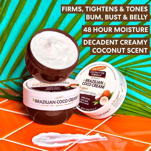 Vista 2 de Palmer's Fórmula de aceite de coco brasileño de coco reafirmante para el cuidado de la piel, mantequilla corporal batida (8.8 onzas) + aceite