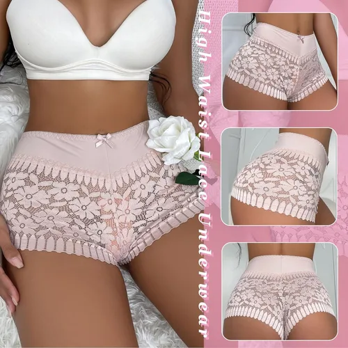 Vista 2 de Pantalones cortos de encaje para mujer, transpirables, cómodos, de cintura alta, elásticos, calzones de malla de encaje para mujer