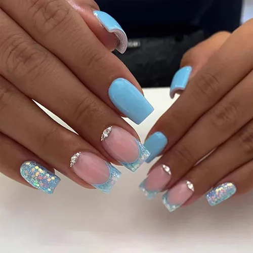 Vista 17 de Uñas postizas verdes a presión - Uñas falsas cortas cuadradas con purpurina dorada y diseños de remolino, acabado brillante, uñas postizas acrílicas