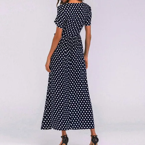 Vista 2 de HGOOGY - Maxi vestidos bohemios para mujer 2023, vestido de lunares fluido, fruncido, talla grande, modesto, largo, ajustado, vestido acampanado