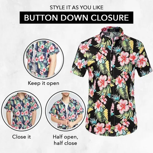 Vista 4 de Camisa hawaiana para hombre, camisas de playa para hombre, camisas tropicales de manga corta, floral, casual, con botones