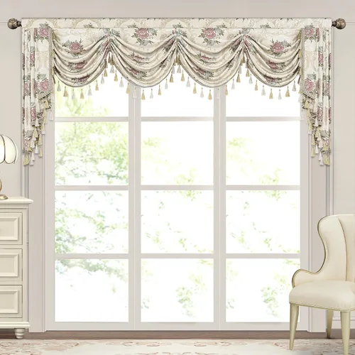 Vista 47 de Loom and Mill Cenefa de cascada de lujo de jacquard para sala de estar, elegantes cenefas de ventana con festones y cuentas damascadas, cortinas